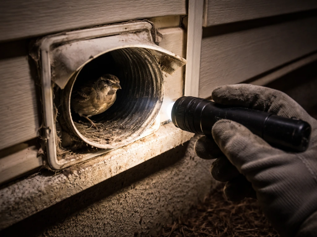 Flashlight beam reveals a small bird inside an exterior dryer vent opening during a careful rescue