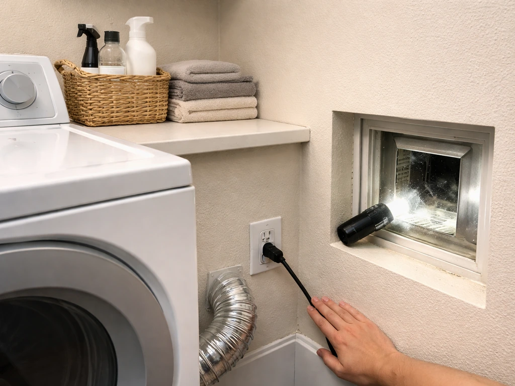 Unplugged dryer with breaker switched off nearby; flashlight highlights an exterior vent area ready to be checked.