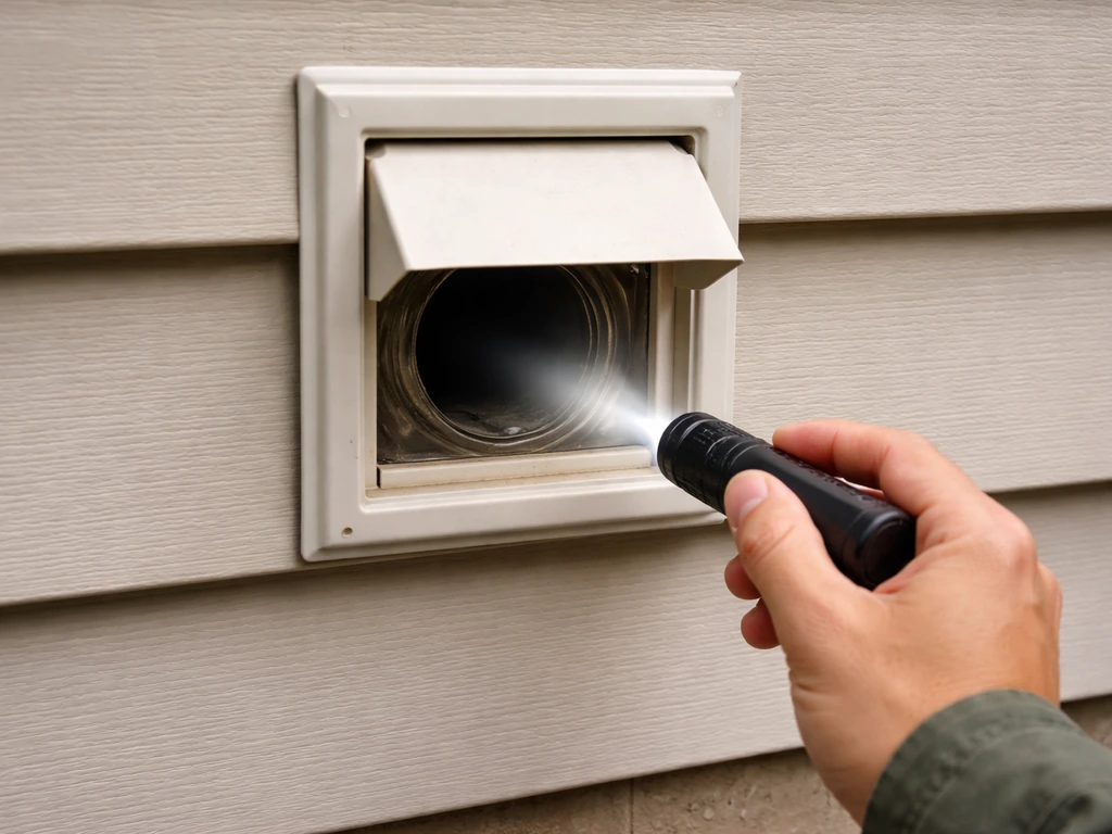 Hands holding a flashlight inspecting a dryer vent cap outside, showing the dark vent opening safely.