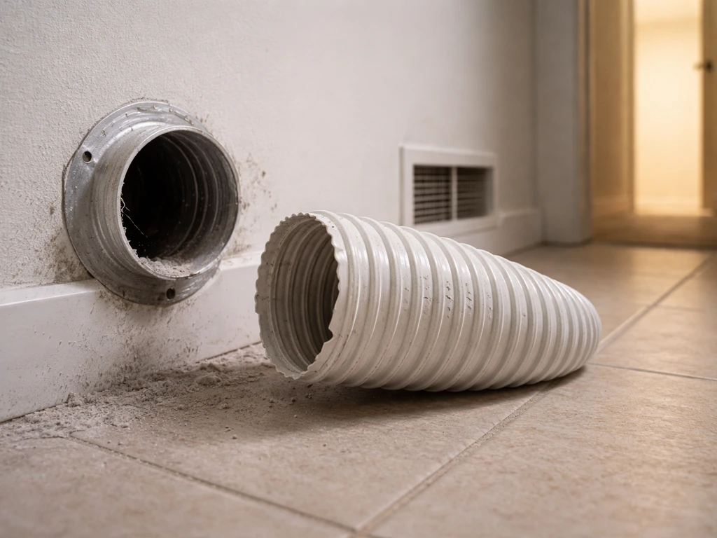 Flexible dryer hose pulled from the wall duct collar, showing an alternate escape route with a lit exit.