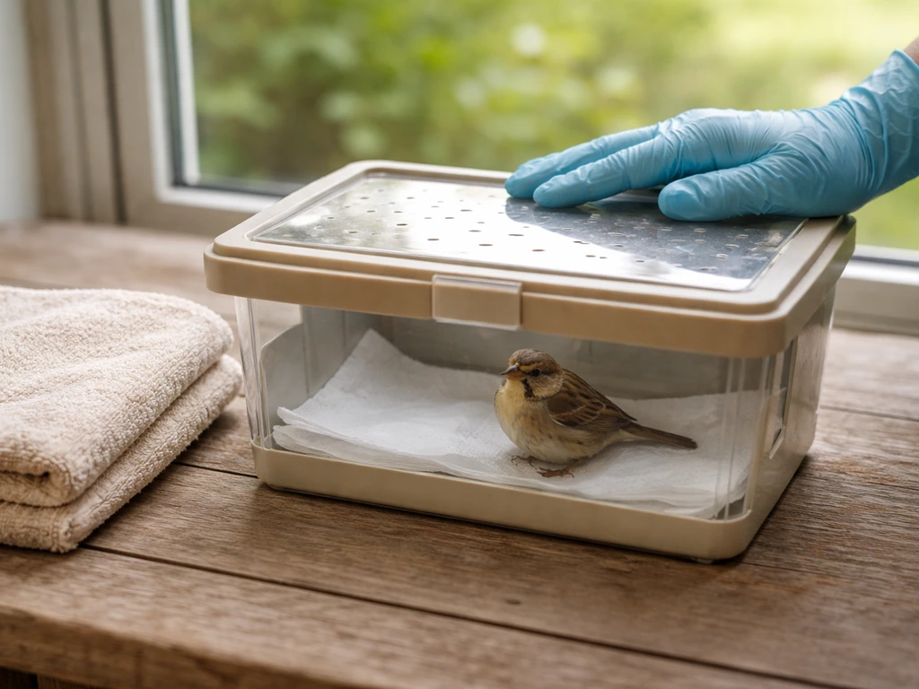 A small bird in a ventilated recovery box near a window while a gloved handler observes for injury.