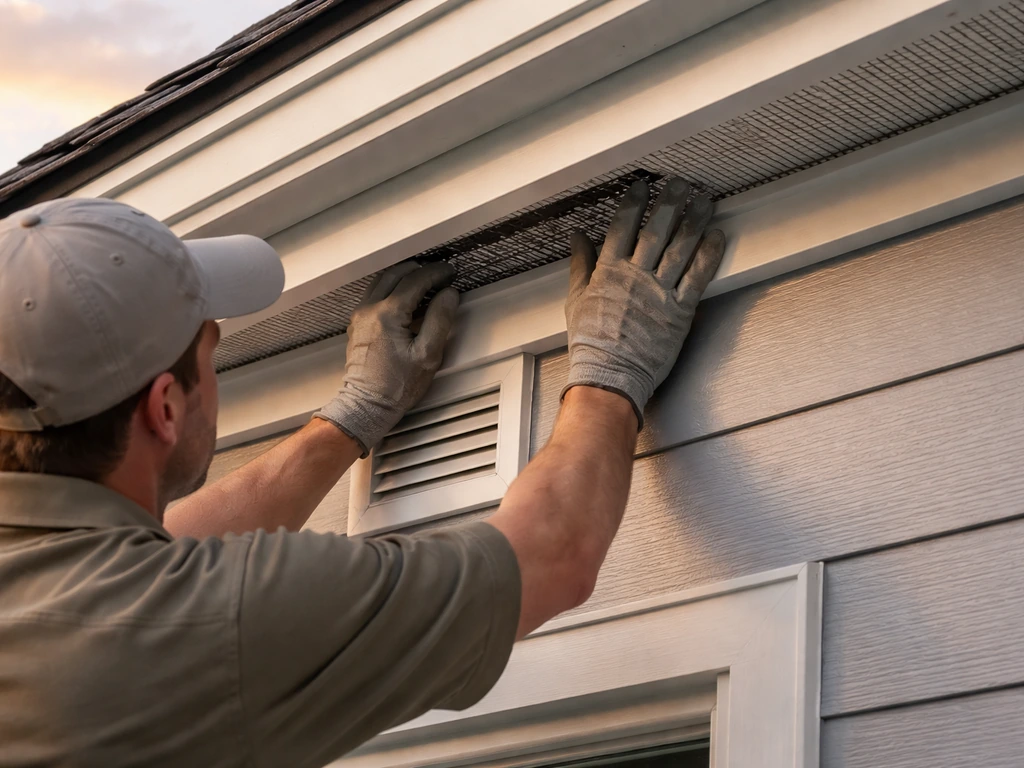 Exterior of a home eave with humane bird mesh installed and gaps being sealed to block noise.