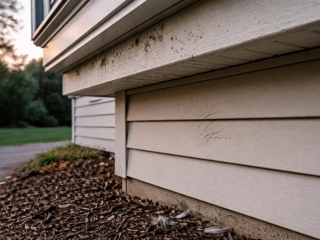 Exterior soffit with bird droppings and scuffed siding where birds enter and roost, minimal home angle