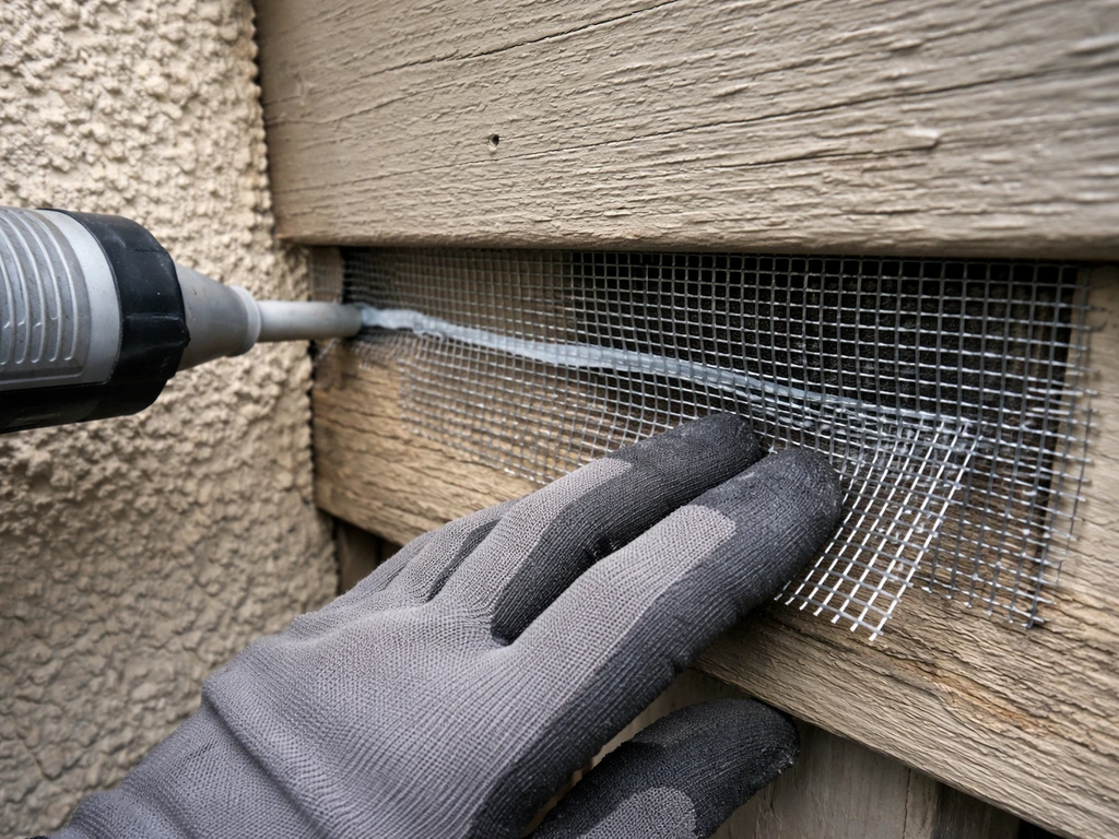 Close-up of exterior trim being sealed and covered with mesh to block bird entry points.