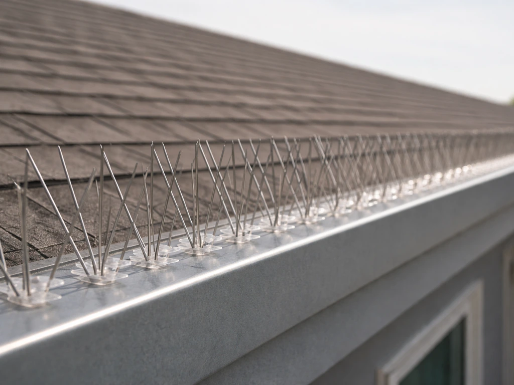 Stainless anti-perch spikes installed along a rooftop ledge, with birds prevented from landing