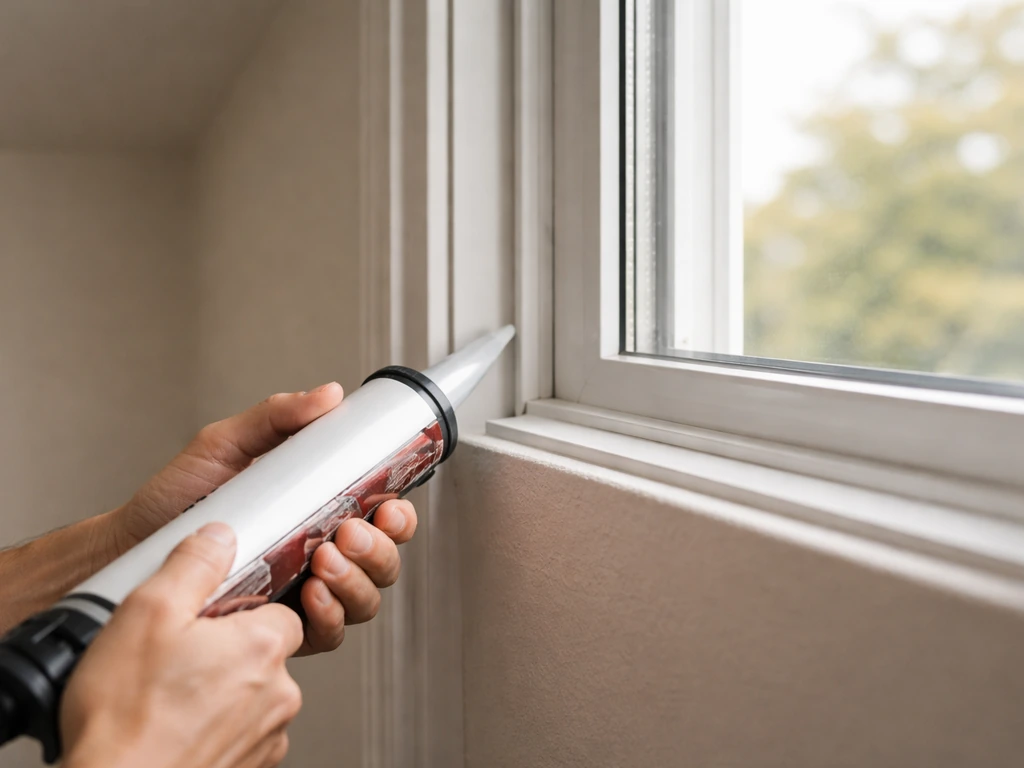 Hands applying acoustic sealant around a window frame gap to reduce indoor sound transmission.