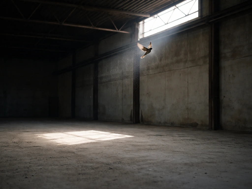 Small bird fluttering near a high skylight inside an empty warehouse, looking startled and trapped.