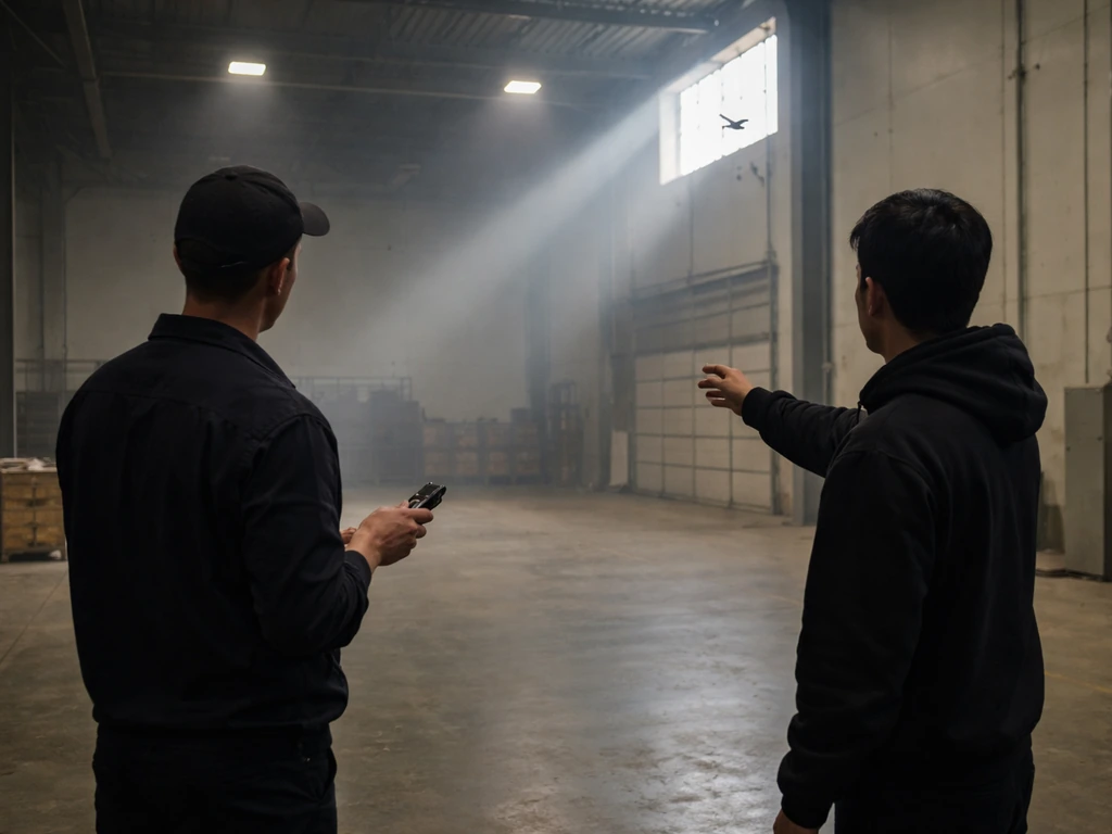 Two staff dim warehouse bay lights while keeping distance from a distressed bird flying near an open window.