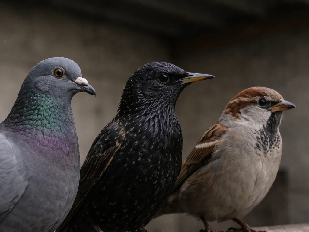 Close-up view of three common warehouse bird silhouettes and feather patterns: pigeon, starling, and sparrow.