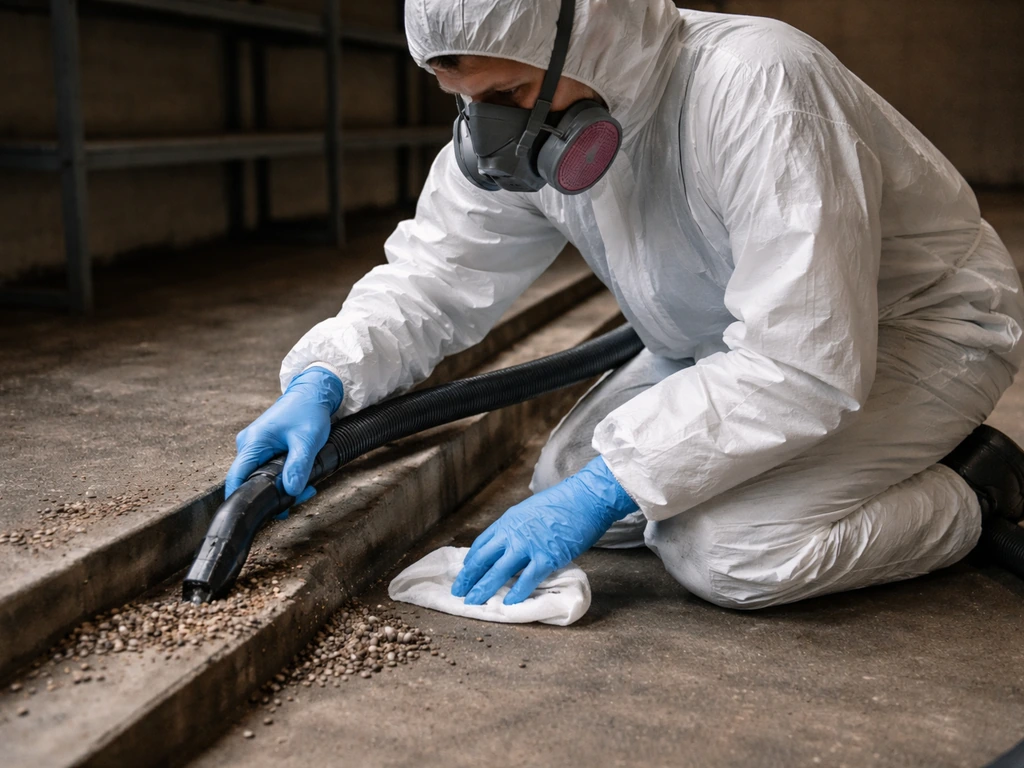 Worker in PPE cleaning bird droppings on a warehouse floor with respirator, gloves, coveralls, HEPA vacuum.