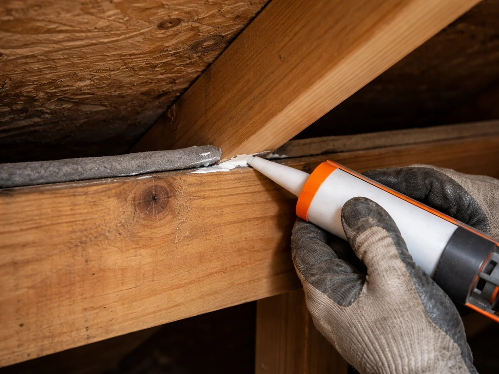 Person inspecting roof truss edge gap and applying exterior-grade caulk with foam backer rod