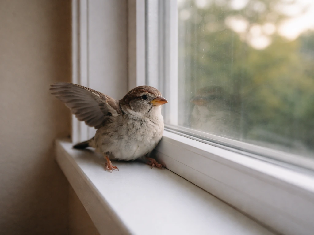 Small sparrow near a bright window inside, startled and close to the glass to show collision risk.