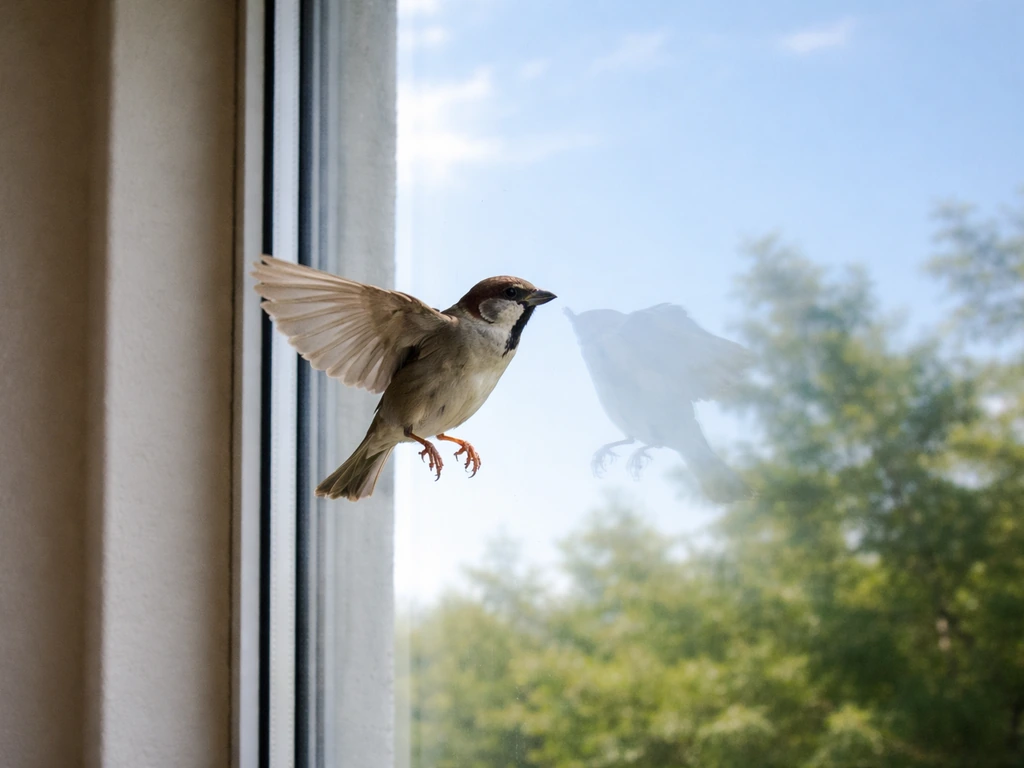 Small bird flapping near a window with visible reflections of sky and trees