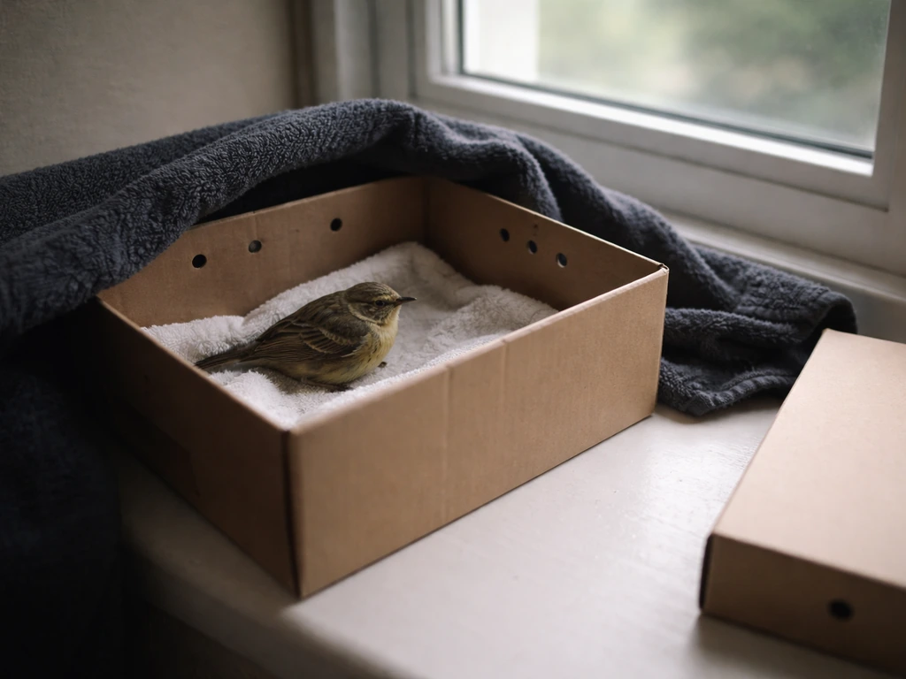 A small bird safely resting in a shoebox on a quiet indoor windowsill.