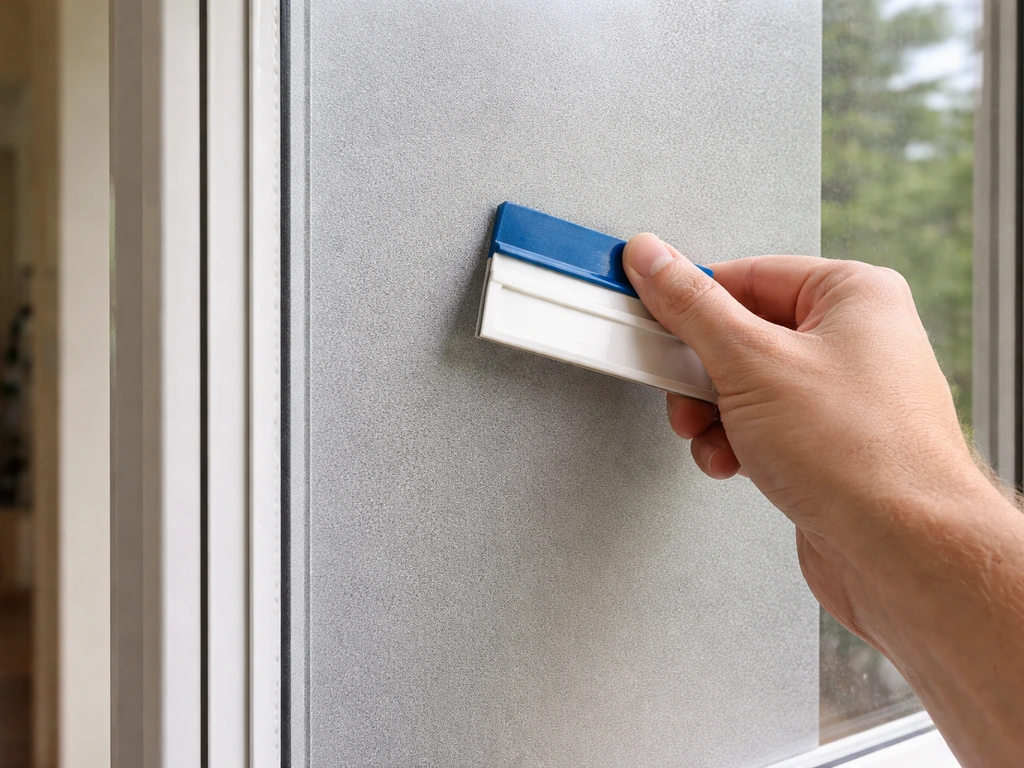 Hand smooths non-reflective cling film onto an exterior window to reduce mirror reflections.