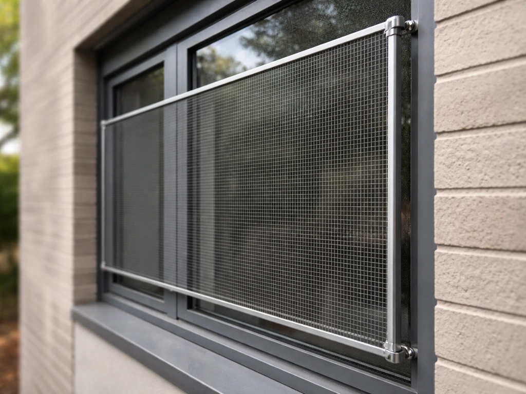 Taut exterior mesh netting mounted a few inches in front of a building window glass.
