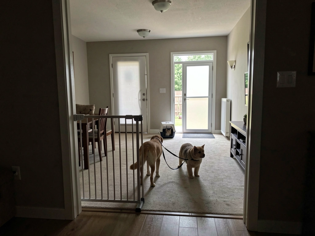 Family pets and children safely kept away while rescuing a trapped bird