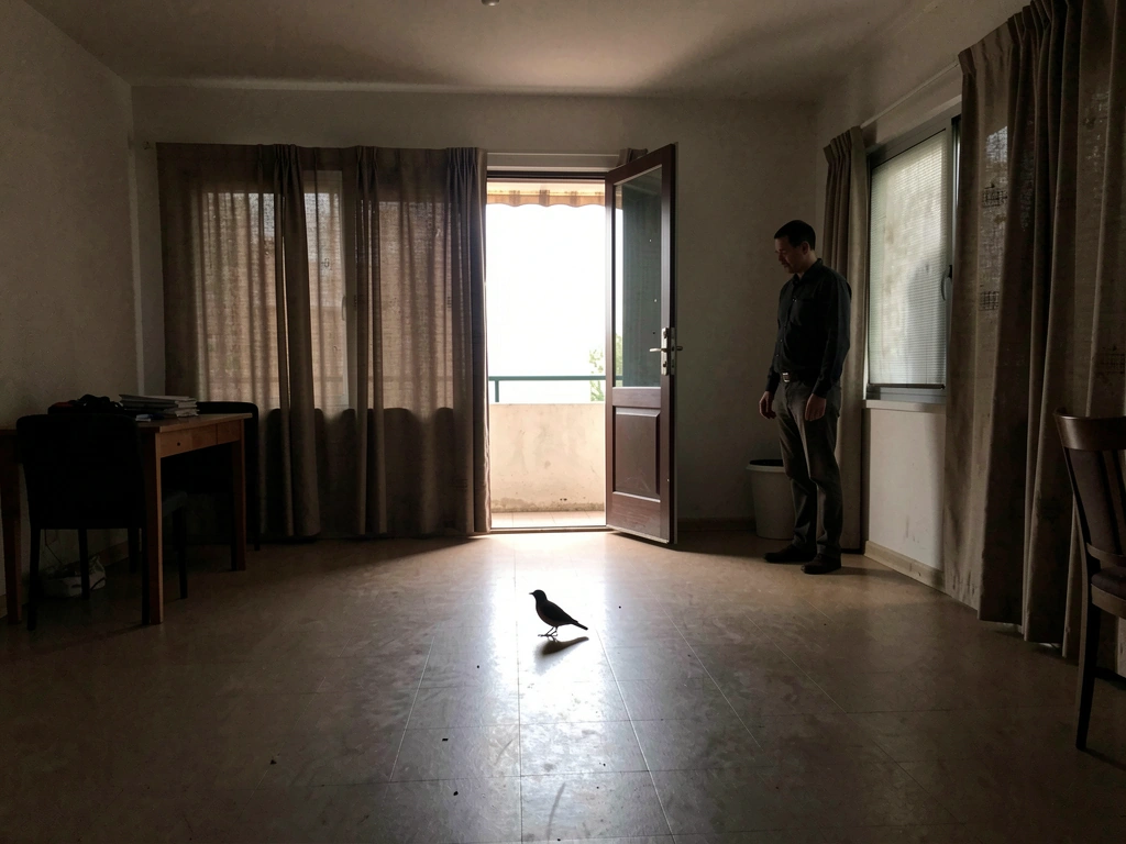 Person quietly positioned behind a bird to guide it toward an open exit