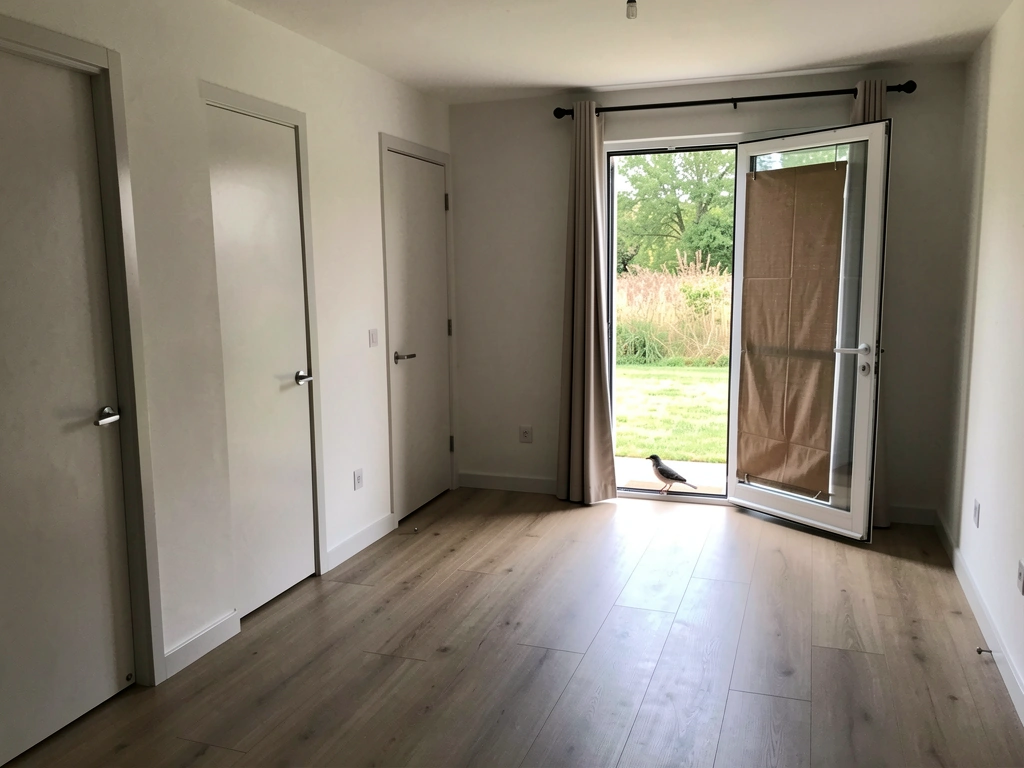 Single-room rescue setup with lights off and exit door opened wide