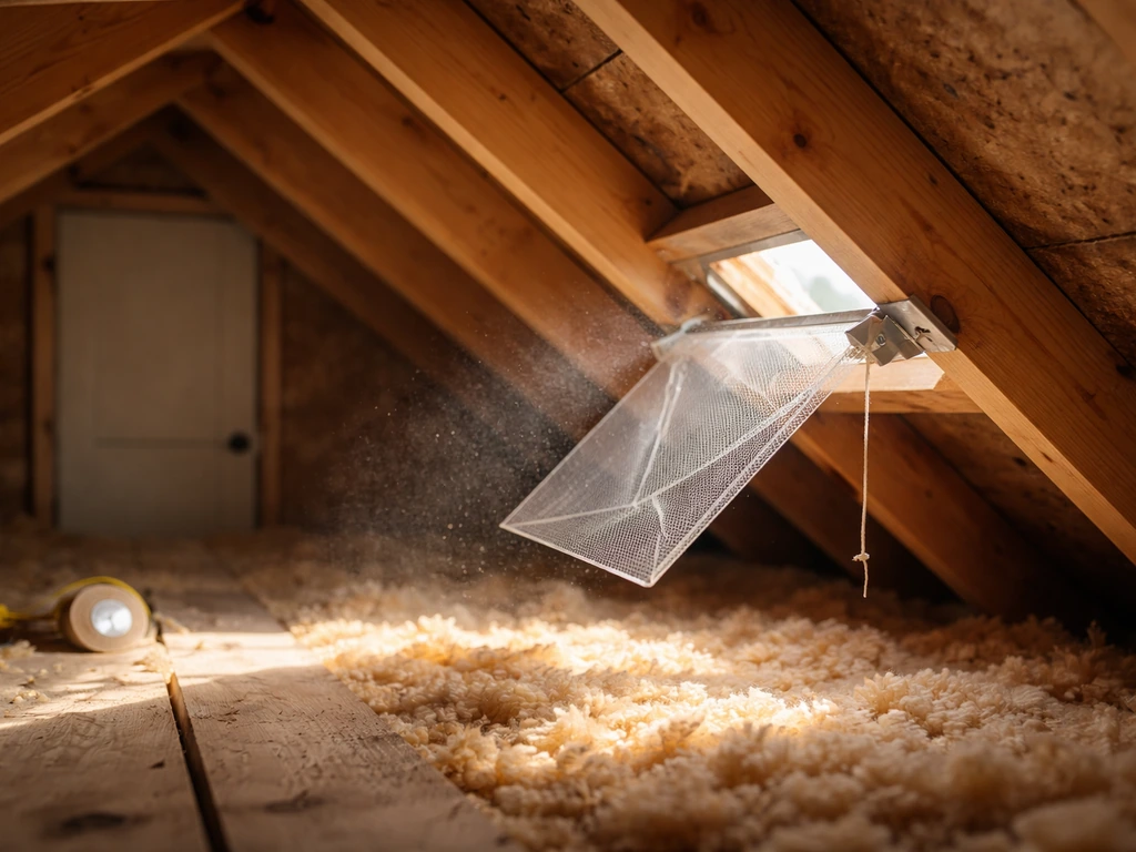 Bright attic with an open one-way exit flap toward daylight to guide a bird out safely.