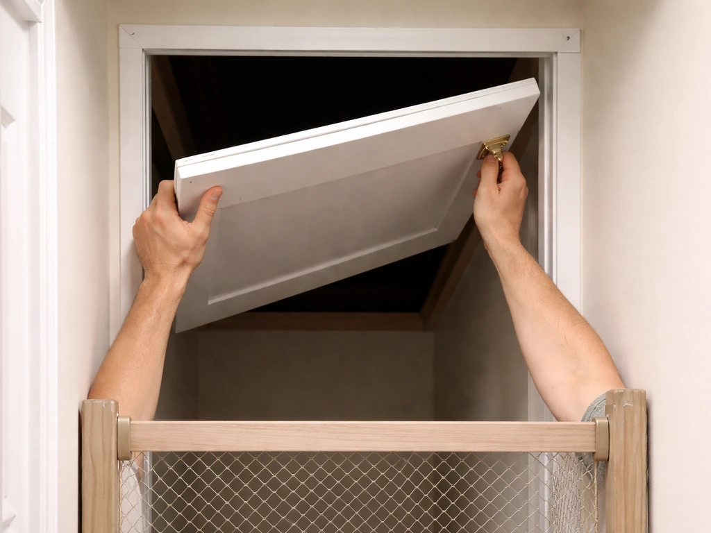 Hands closing an attic door while keeping the doorway blocked for kids and pets