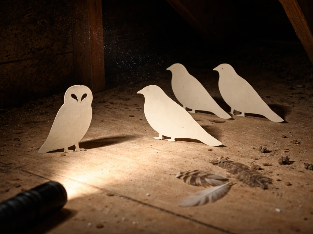 Attic floor with illuminated generic bird silhouette cards and nearby feathers and droppings clues.