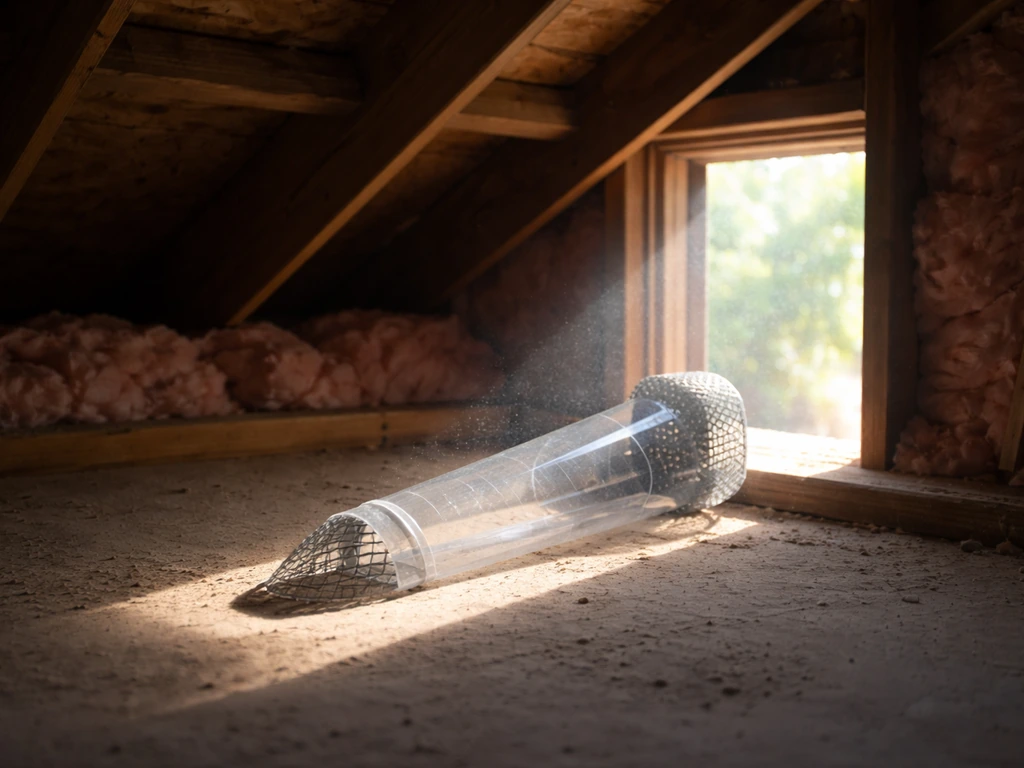 Daylit attic showing a simple temporary one-way exit path aligned with bright opening