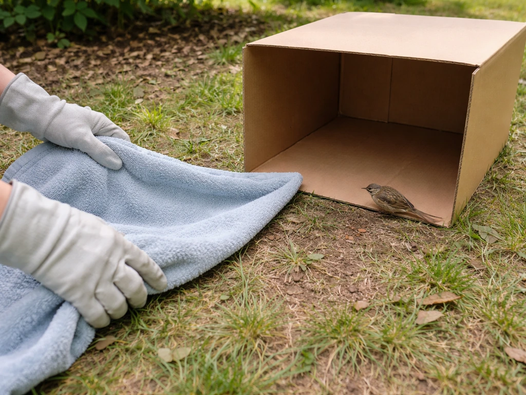 Gloved hands use a towel and an open cardboard box to gently guide a small songbird into a corner.