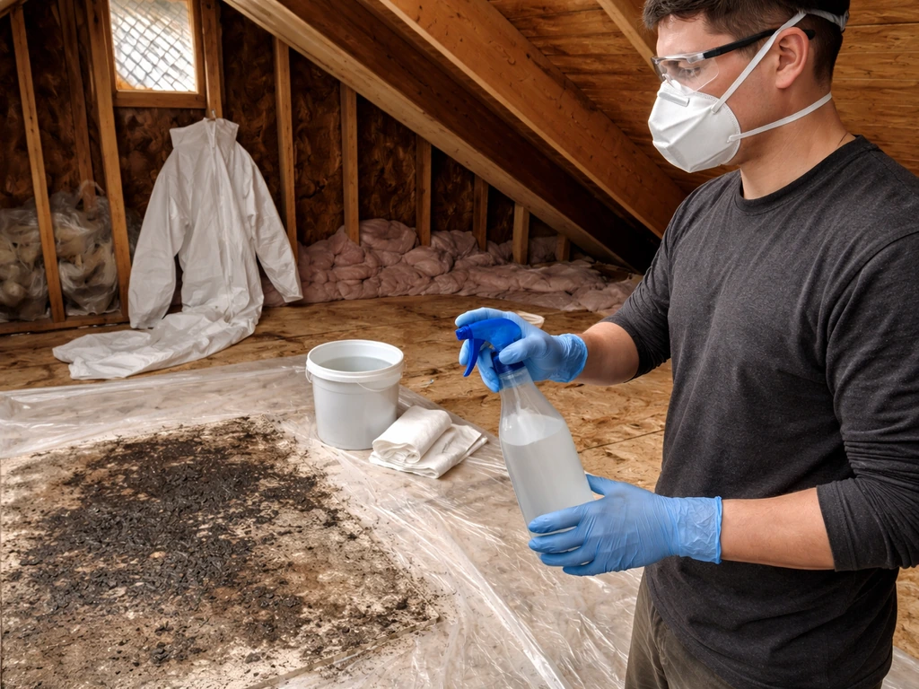 Worker in PPE with N95 mask and gloves preparing wet-cleaning supplies on a drop cloth in an attic