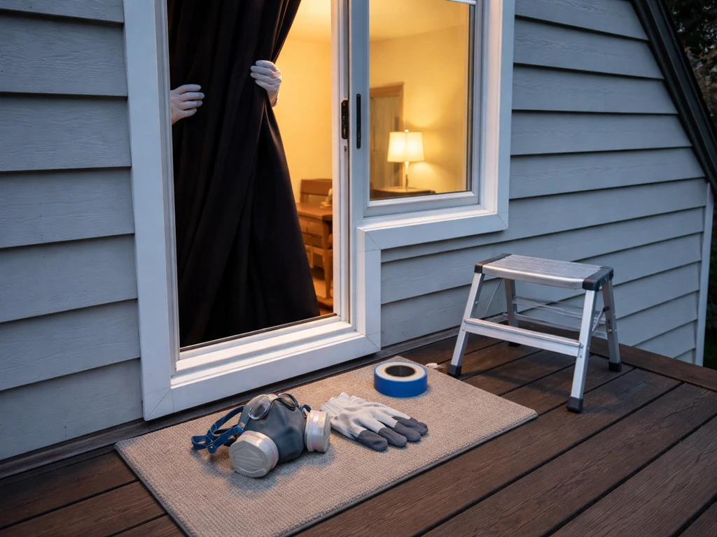 Gloved homeowner securing a window with dark curtains while PPE sits ready for quick bird control.