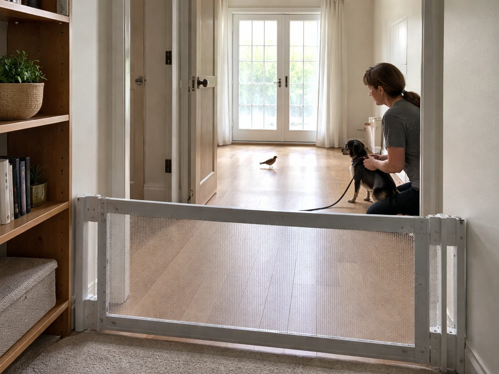 Caregiver kneels to move a pet away while an interior barrier isolates a small bird near a window.