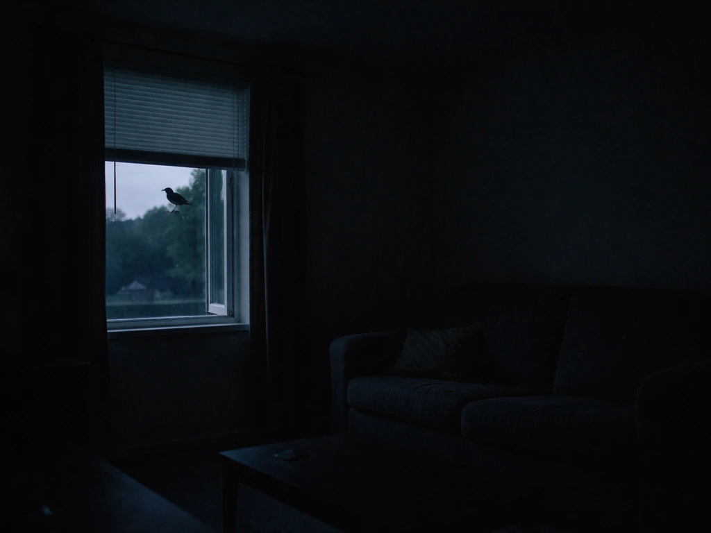 Quiet room with closed curtains and a single open window where a small bird can exit.
