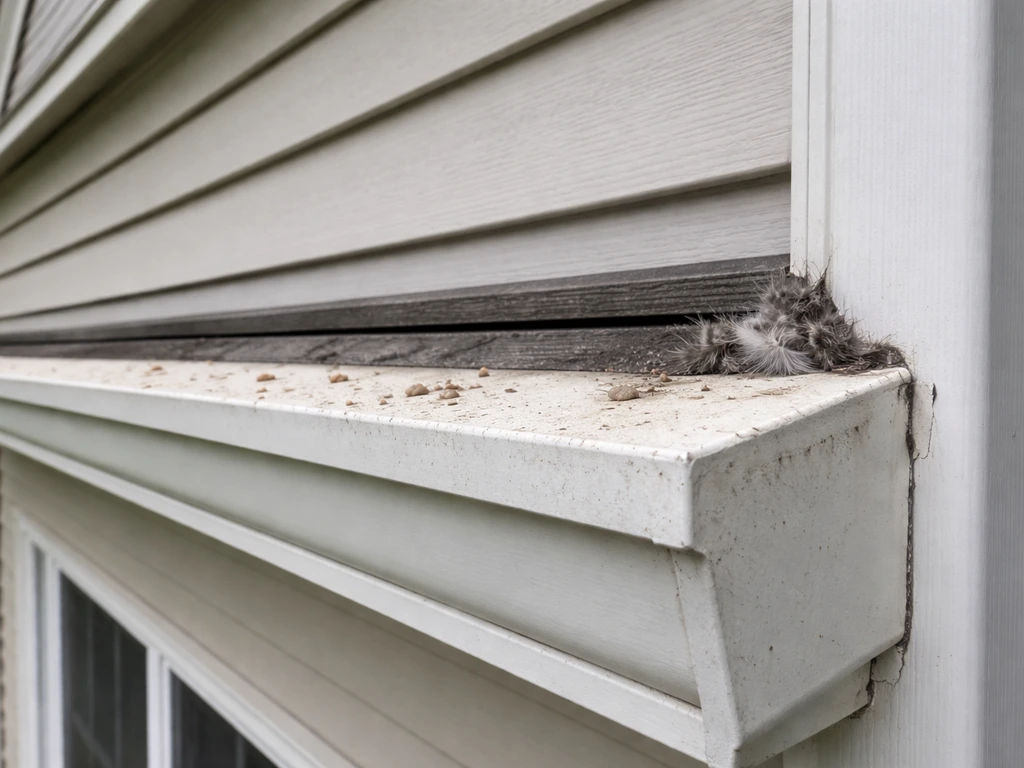 Close-up of a roof edge with faint bird droppings and feathers, no bird present
