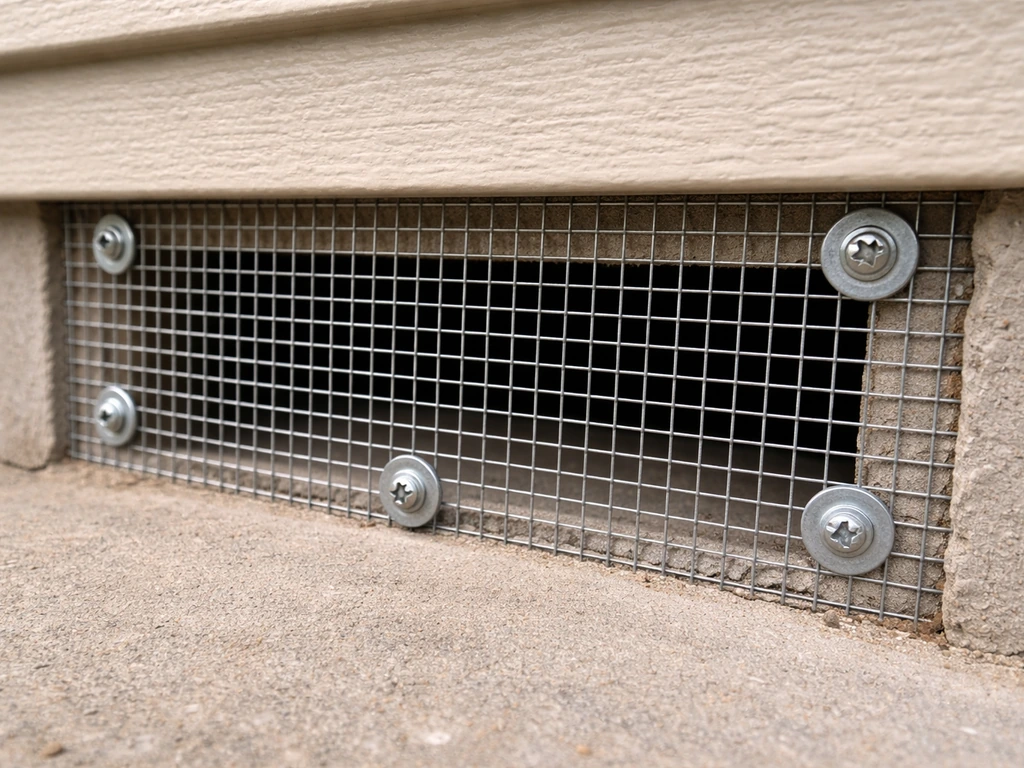 Close-up of galvanized hardware cloth securely fastened over a vent gap on a home exterior.