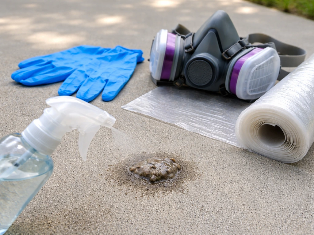 PPE laid out beside a small spot of bird droppings being lightly wetted with disinfectant.