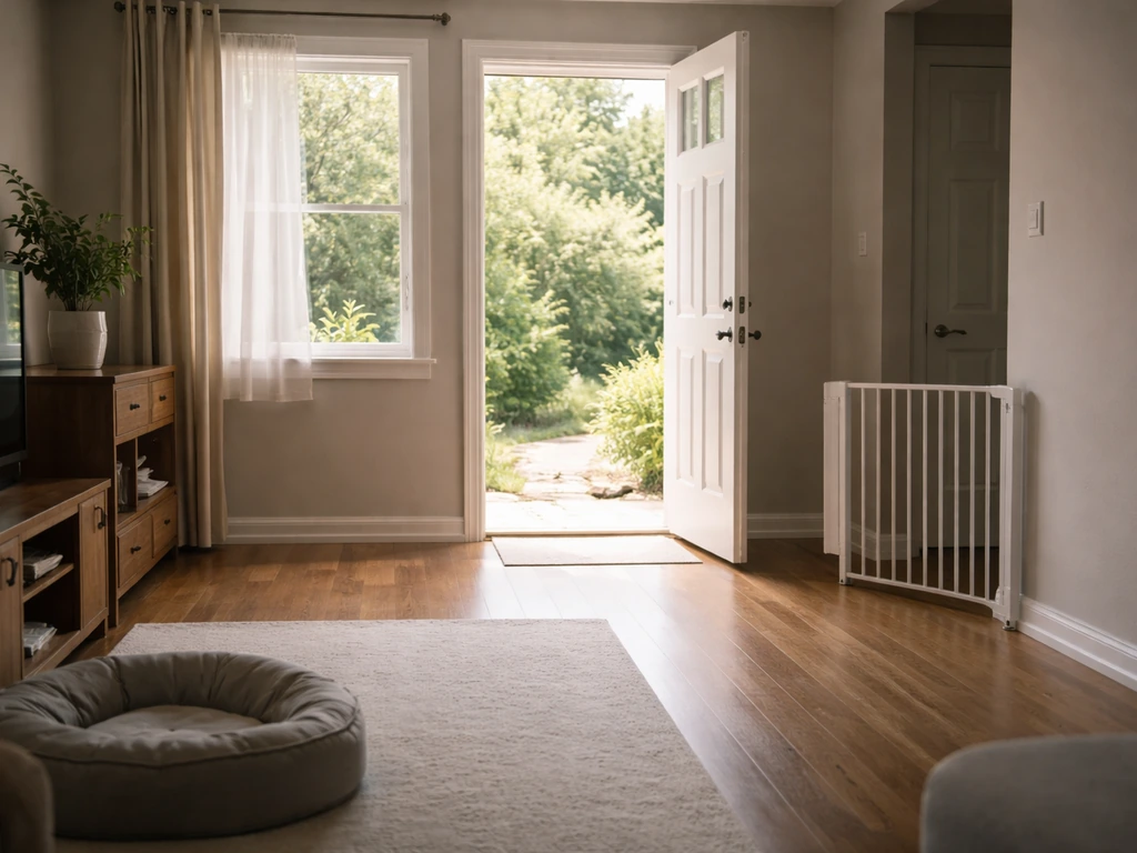 Quiet room with doors and curtains open to daylight; pets kept away for a bird to escape safely.