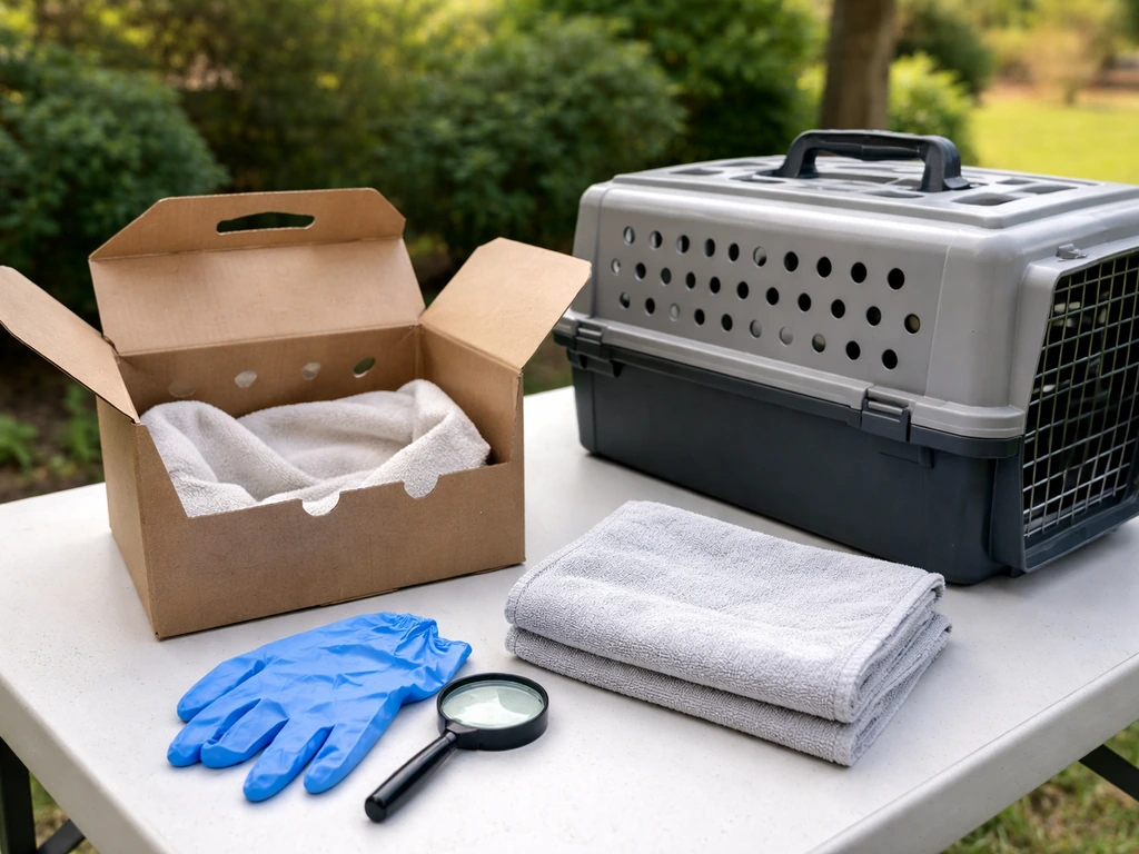 Secure wildlife transport box on a table with gloves and tools for assessing an injured bird.