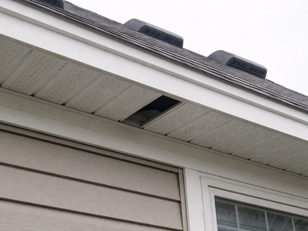 Home exterior roofline with soffit vents and visible gaps to check for bird reentry.