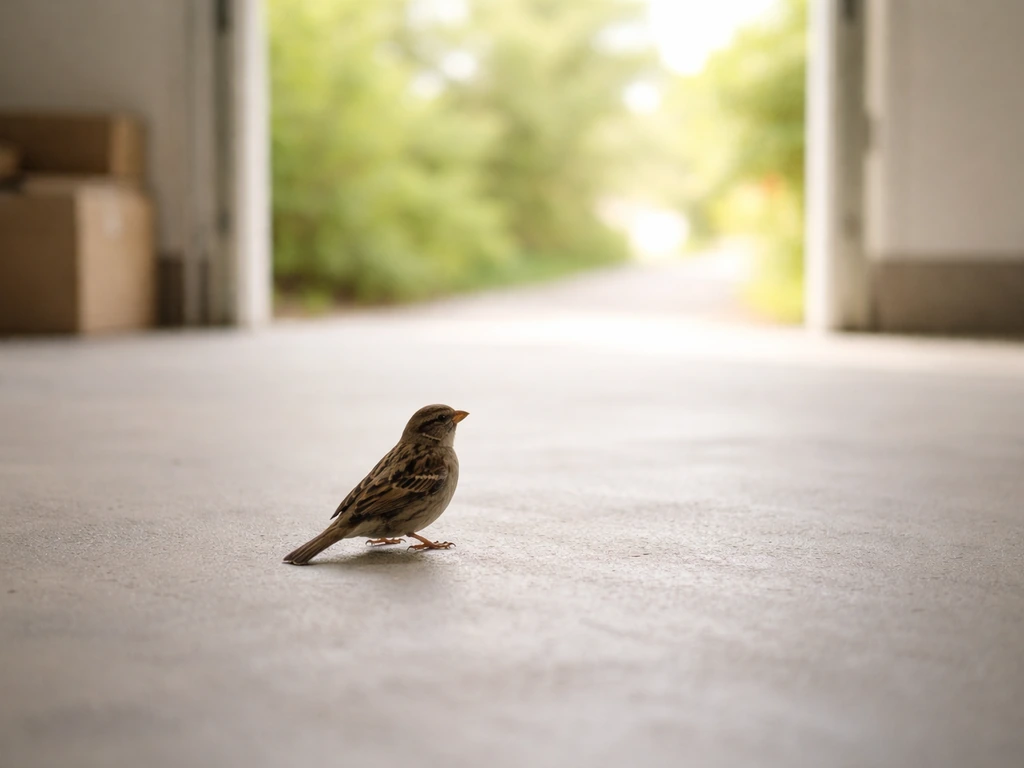 Small bird inside a bright garage doorway, facing the open exit light safely