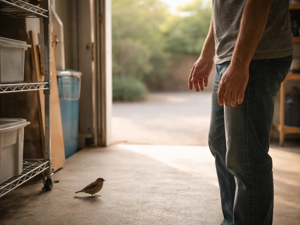 Calm homeowner with lowered hands pauses in a garage while a small bird rests on the floor near shelves.