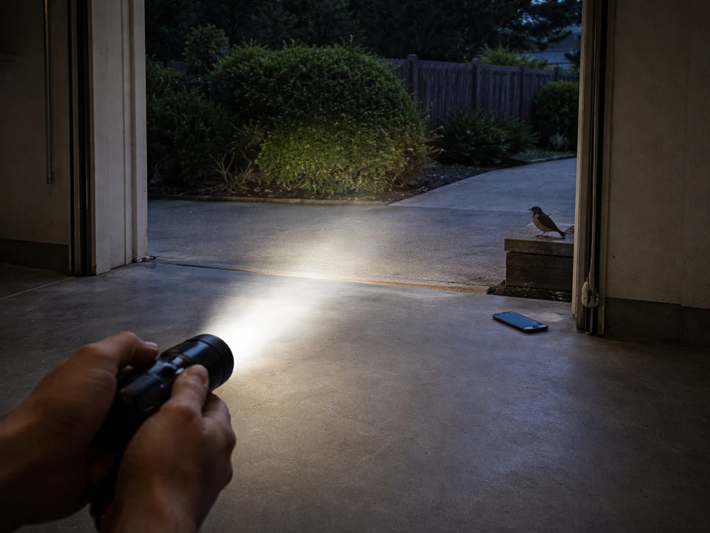 Bright flashlight aimed out an open garage door while a phone plays bird sounds; a small bird watches outside.