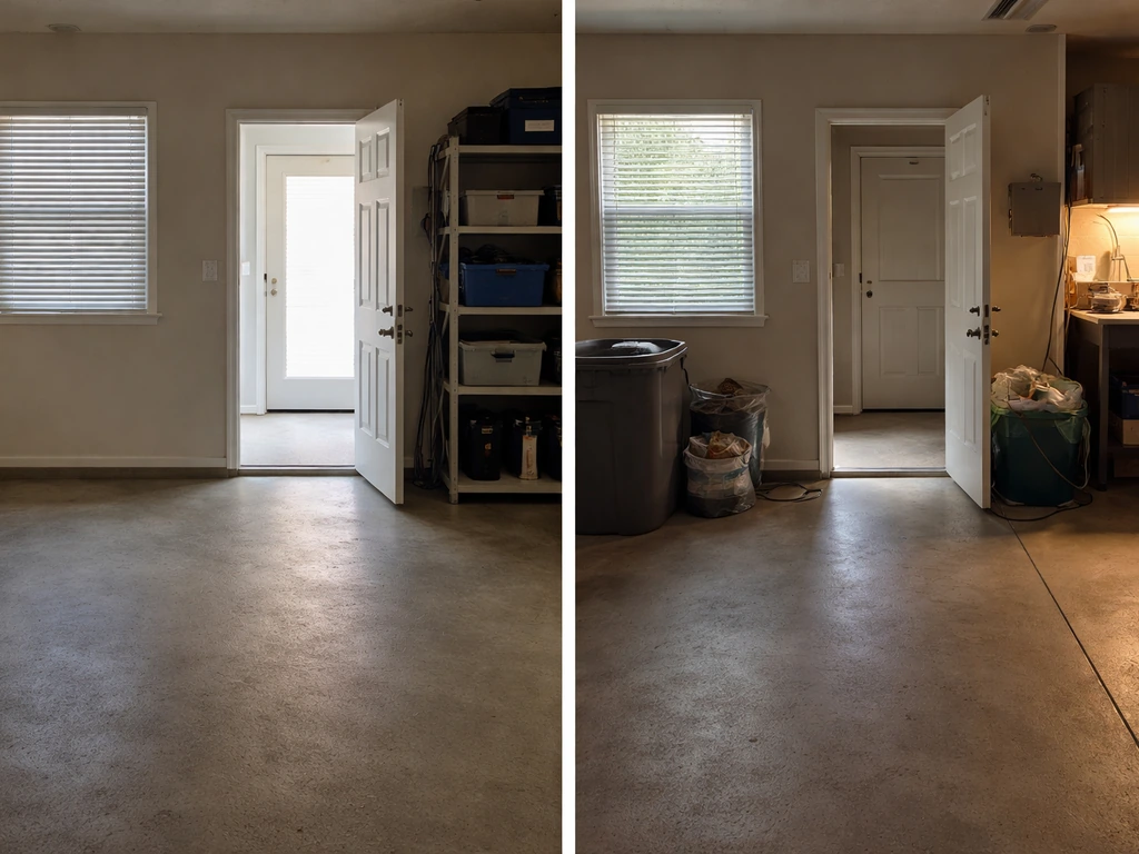 Split view of a garage: clear exit path with covered windows vs unclear exit with competing light sources.