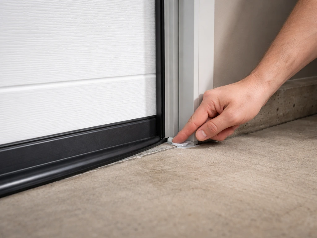 Hand sealing gaps with weatherstripping around a closed garage door to prevent birds from re-entering.