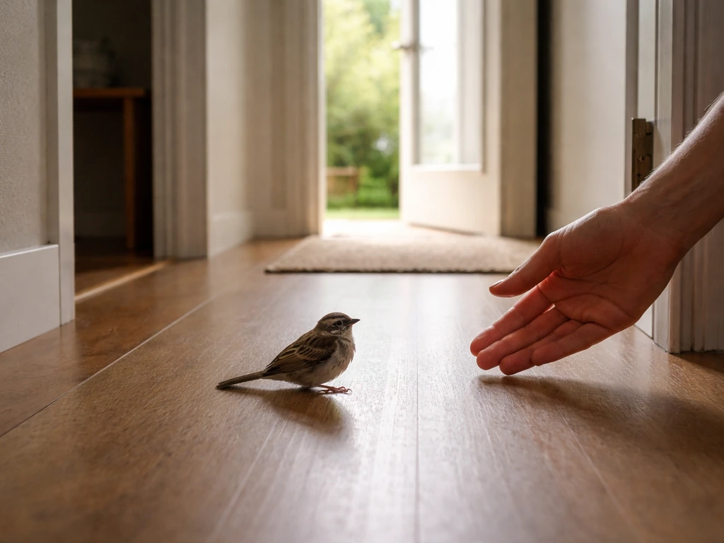Small bird on the floor near an open doorway, calm hand guiding it toward an exit outdoors.