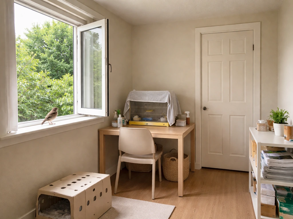 Small bird perched by an open, unscreened window in a tidy room; interior doors closed.