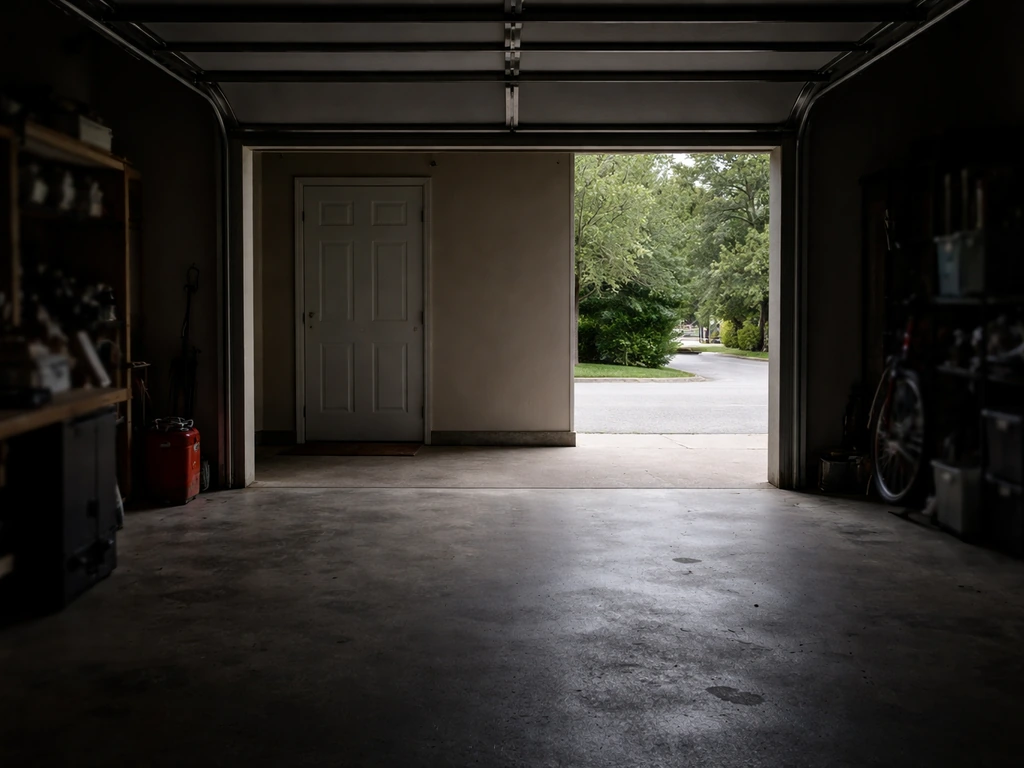 Empty garage interior with main door fully open to outside light and interior door closed, lights off.
