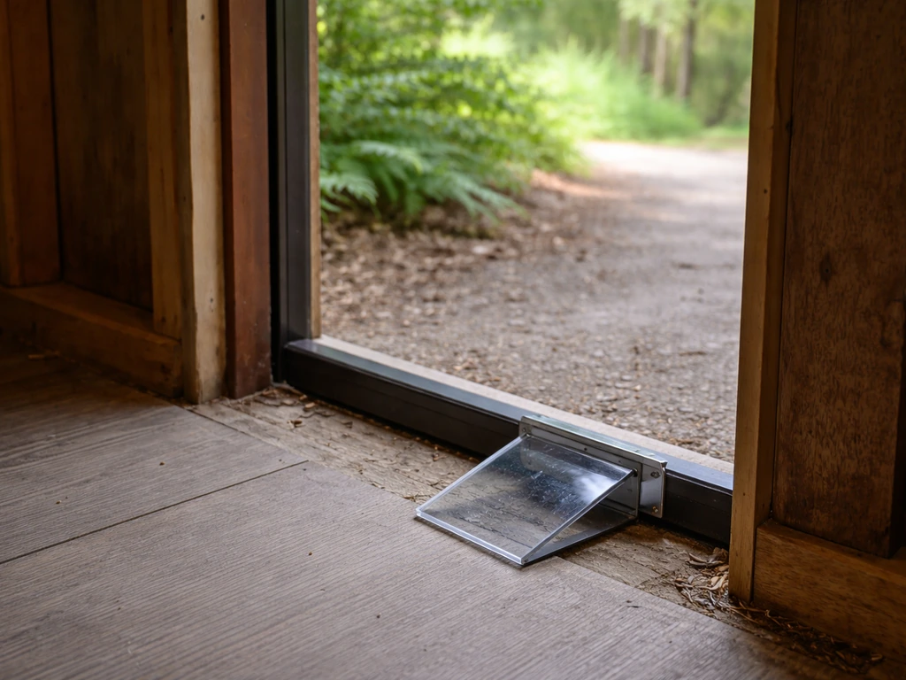 One-way door flap mounted at an open exit of a wooden building, humane wildlife exit setup concept.
