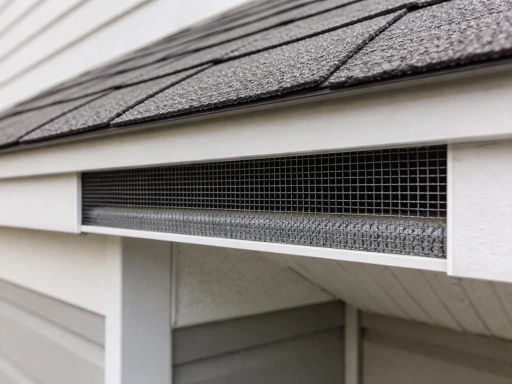 Close-up of a roof eave gap with humane exclusion barrier showing a safe way to stop birds nesting