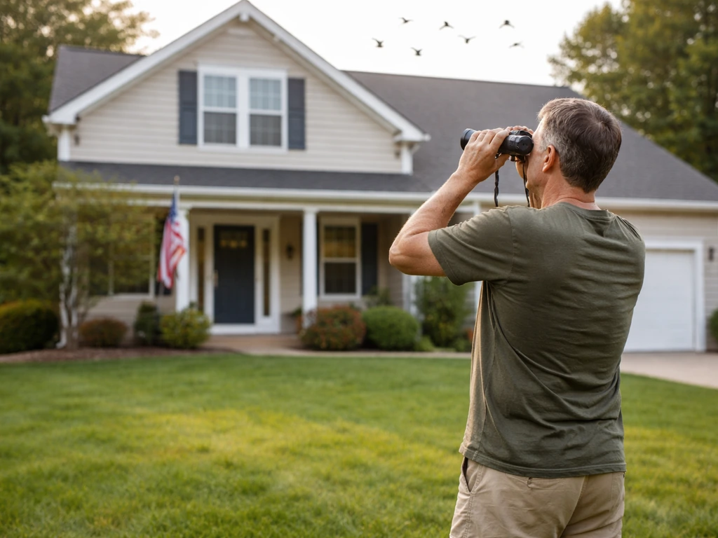 Homeowner on grass using binoculars to observe birds flying in and out near a roofline.