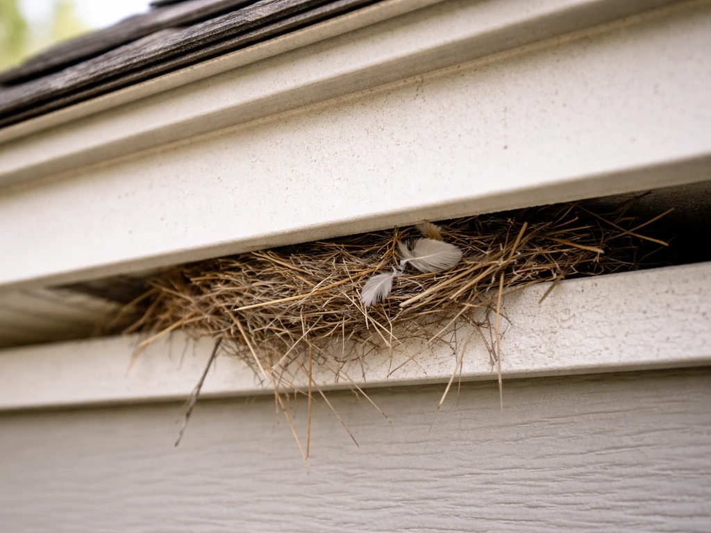 Close-up of a roof eave with loose grass, feathers, and a small nest in a soffit gap